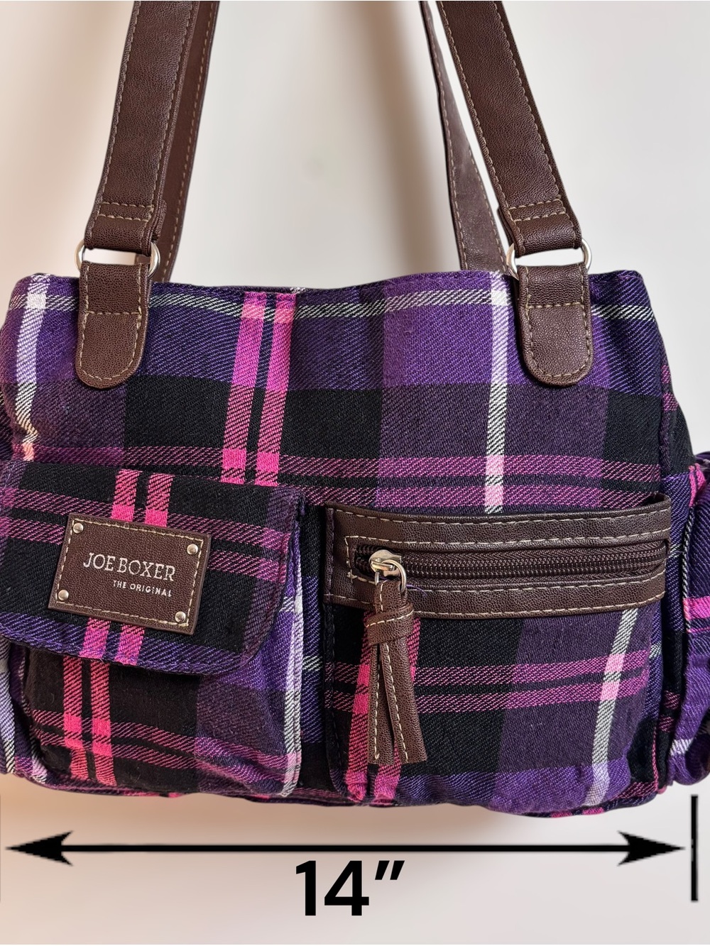 Joe Boxer Purple Plaid Bowler Bag with Brown Trim - Picture 9 of 9